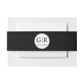 Simple and elegant initials black wedding invitation belly band
