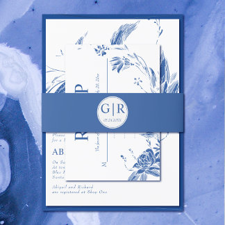 Simple and elegant initials blue wedding invitation belly band