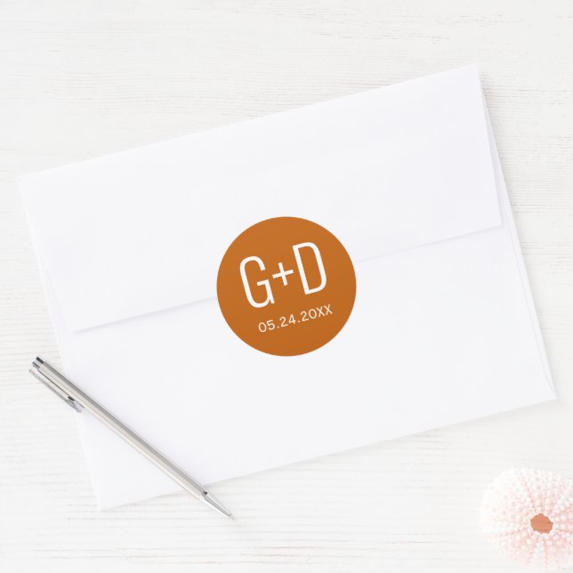 Simple and elegant initials burnt orange wedding classic round sticker (Envelope)
