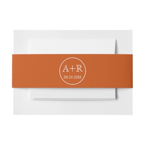 Simple and elegant initials burnt orange wedding invitation belly band