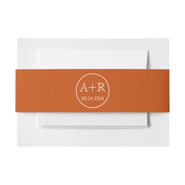 Simple and elegant initials burnt orange wedding invitation belly band (Front Example)