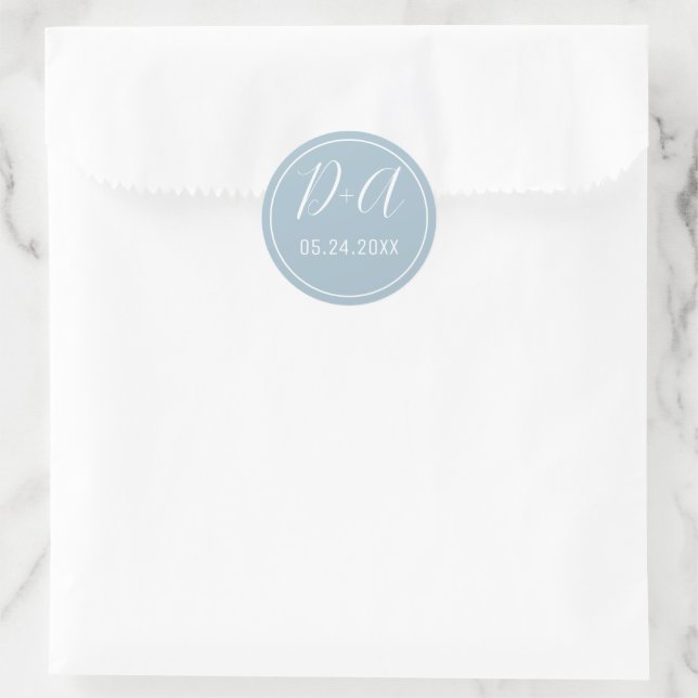 Simple and elegant initials dusty blue weddingr classic round sticker (Bag)