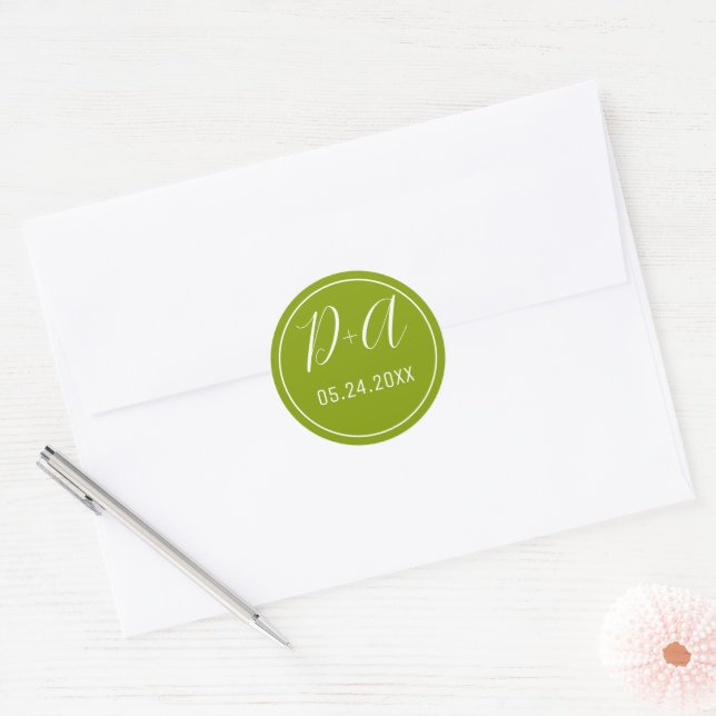 Simple and elegant initials green wedding classic round sticker (Envelope)