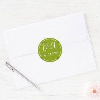 Simple and elegant initials green wedding classic round sticker