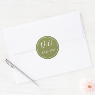Simple and elegant initials olive green wedding classic round sticker