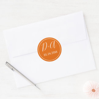 Simple and elegant initials orange wedding classic round sticker