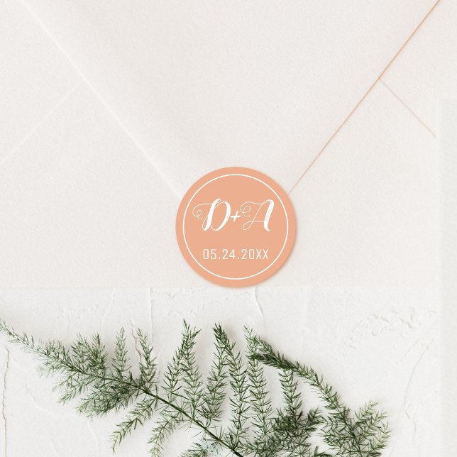 Simple and elegant initials peach wedding classic round sticker (Creator Uploaded)