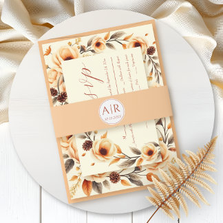 Simple and elegant initials peach wedding invitation belly band