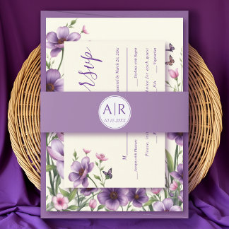 Simple and elegant initials purple wedding invitation belly band