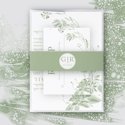 Simple and elegant initials sage green wedding invitation belly band