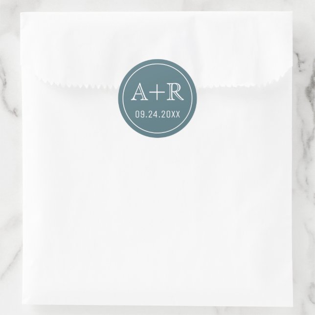Simple and elegant initials teal wedding classic round sticker (Bag)