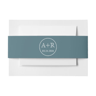 Simple and elegant initials teal wedding invitation belly band
