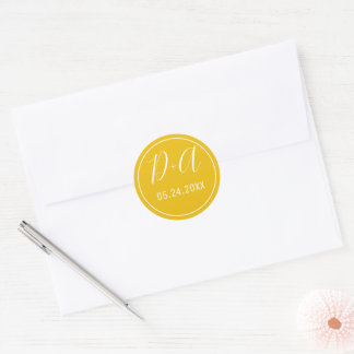 Simple and elegant initials yellow wedding classic round sticker