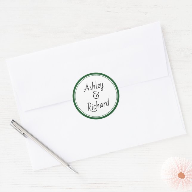 Simple and elegant names dark green wedding classic round sticker (Envelope)