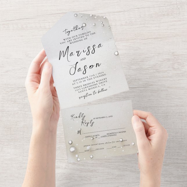 Simple and Elegant Pearls Wedding All In One Invitation (Tearaway)