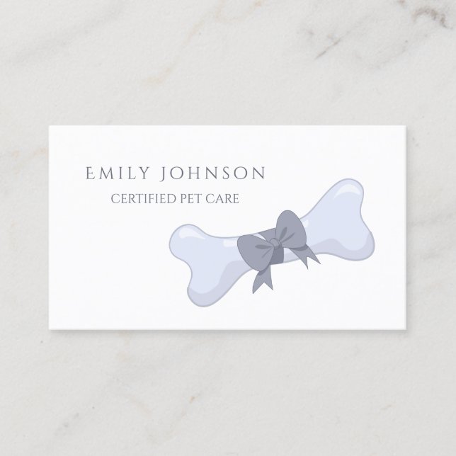 Simple and Elegant Pet Care Gray Bone and Bow Business Card (Front)