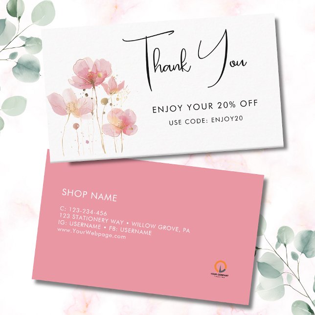 Simple and elegant Pink and gold rustic flowers Discount Card (Creator Uploaded)