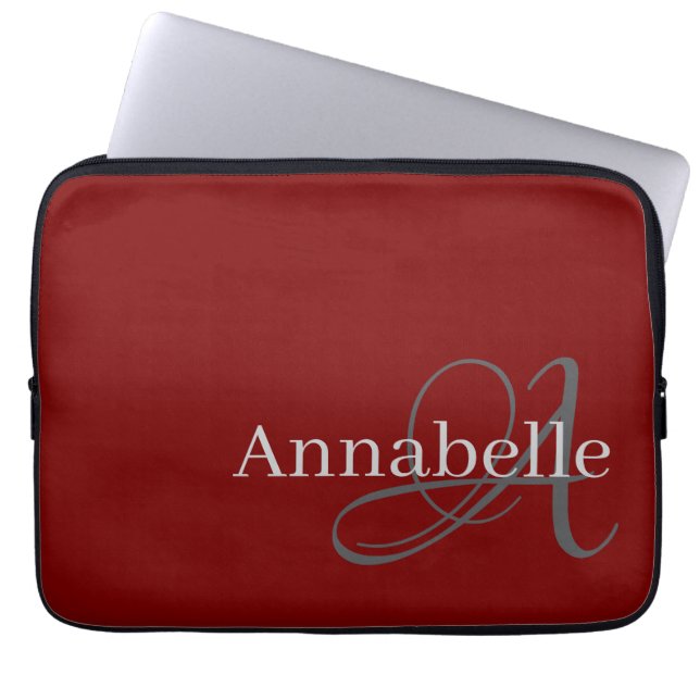 Simple and Elegant red monogram and name Laptop Sleeve (Front)
