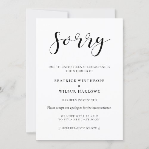 Simple and elegant Sorry wedding update card