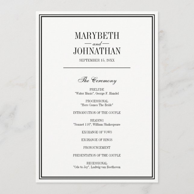 Simple and Elegant Wedding Ceremony Program Card (Front)