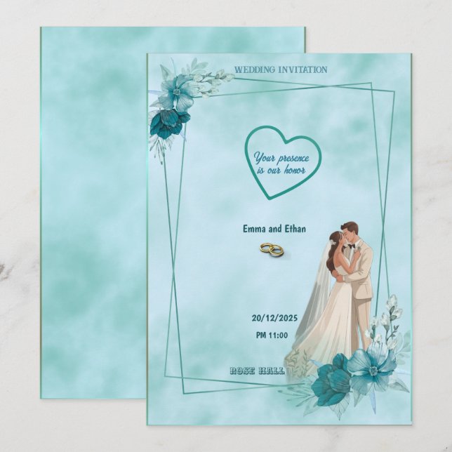Simple and elegant wedding invitation in Sky Blue (Front/Back)