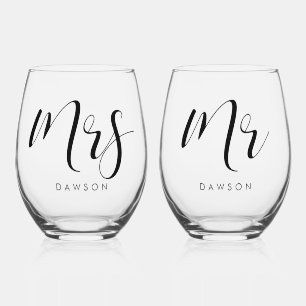 Simple and elegant Wedding Mr & Mrs Set Stemless Wine Glass