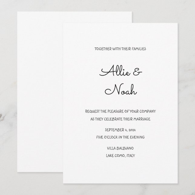 simple and elegant white wedding invitation card (Front/Back)