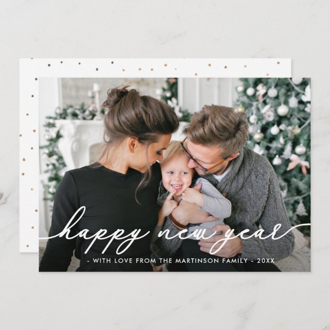 Simple and Festive Dots Happy New Year Photo Holiday Card (Front/Back)