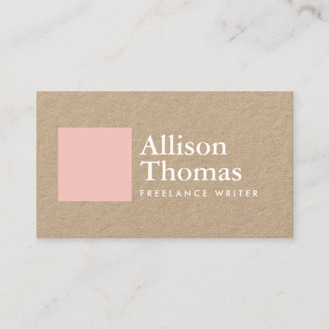 Simple and Minimal Pink Square on Kraft Business Card (Front)