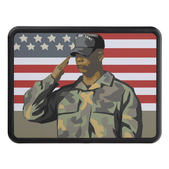 Simple and Modern American Flag & Saluting Soldier Tow Hitch Cover (Front)