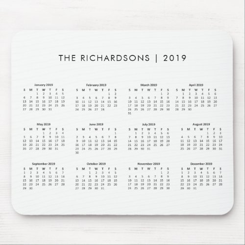 Simple and Modern Black and White 2019 Calendar Mouse Pad