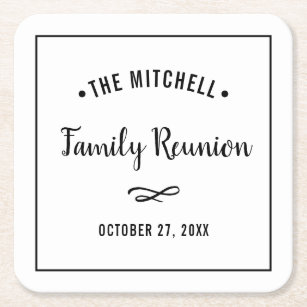 Simple and Modern Family Reunion with Last Name Square Paper Coaster