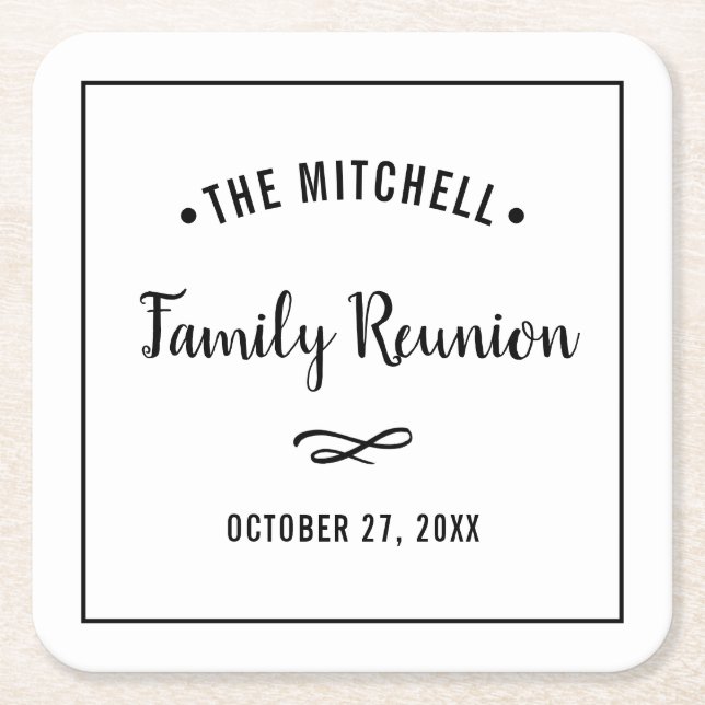 Simple and Modern Family Reunion with Last Name Square Paper Coaster (Front)