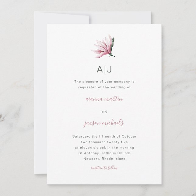 Simple and Modern Floral with Monogram Wedding Invitation (Front)
