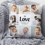 Simple and Modern | Love Photo Collage Throw Pillow<br><div class="desc">This simple black and white pillow features a photo grid with eight of your personal family photos, and bold modern typography that says "love". There is also a cute, neutral gray heart. A simple and minimalist keepsake for your father, spouse, or any family member any time you want to let...</div>