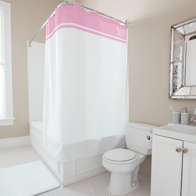 Simple and Pretty White and Pink Striped Monogram Shower Curtain (In Situ)