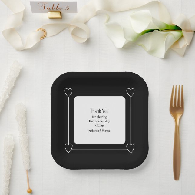 Simple and Romantic Hearts Black Wedding Paper Plates (Wedding)