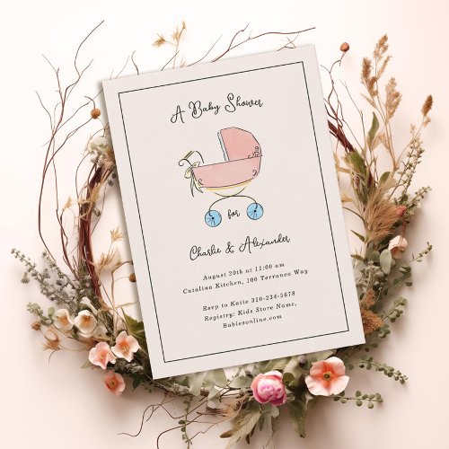 Simple and Sweet Pink and Blue Pram Baby Shower Invitation