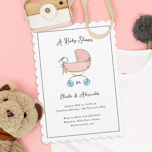 Simple and Sweet Pink and Blue Pram Baby Shower Invitation