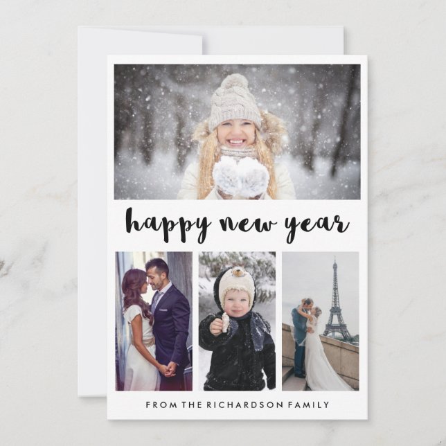 Simple and Trendy Four Photo Happy New Year Holiday Card (Front)
