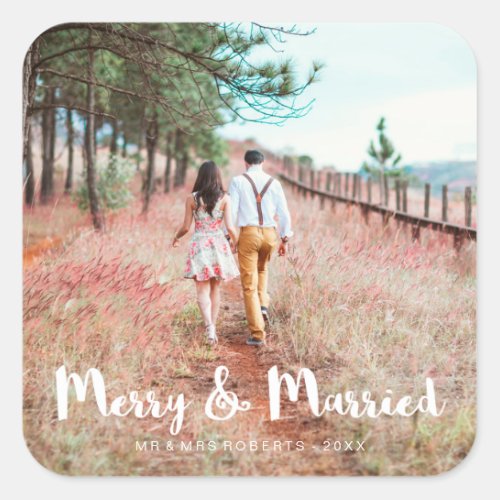Simple and Whimsical Merry and Married Photo Square Sticker