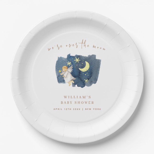 Simple Angel Moon Star Baby Shower  Paper Plates (Front)