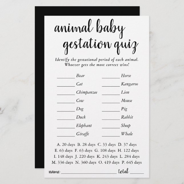 Simple Animal Baby | Black Script Gestational Game (Front/Back)