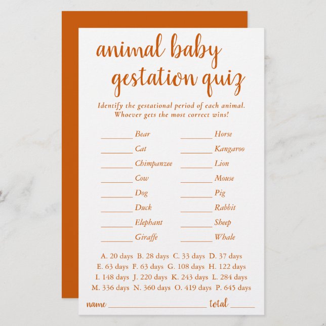 Simple Animal Baby | Fall Orange Gestational Game (Front/Back)