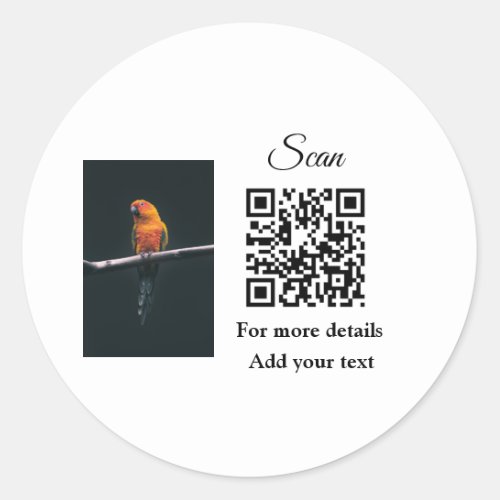 Simple animal name details QR code add text photo  Classic Round Sticker