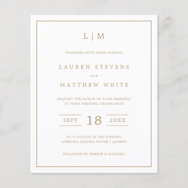 Simple Antique Gold Monogram Budget Wedding Invite (Front)