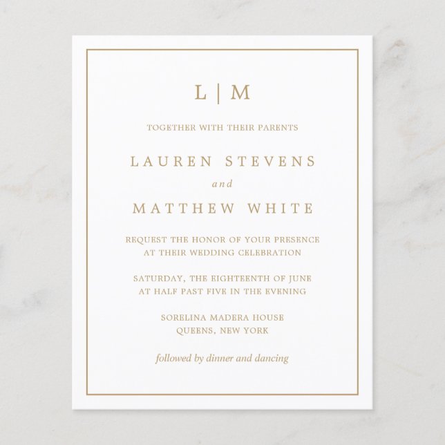 Simple Antique Gold Monogram Budget Wedding Invite (Front)