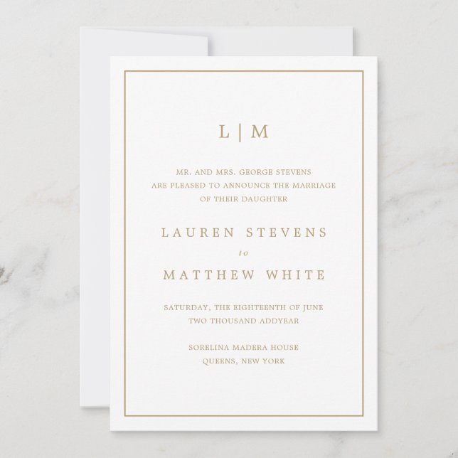 Simple Antique Gold Monogram Elegant Wedding Announcement (Front)
