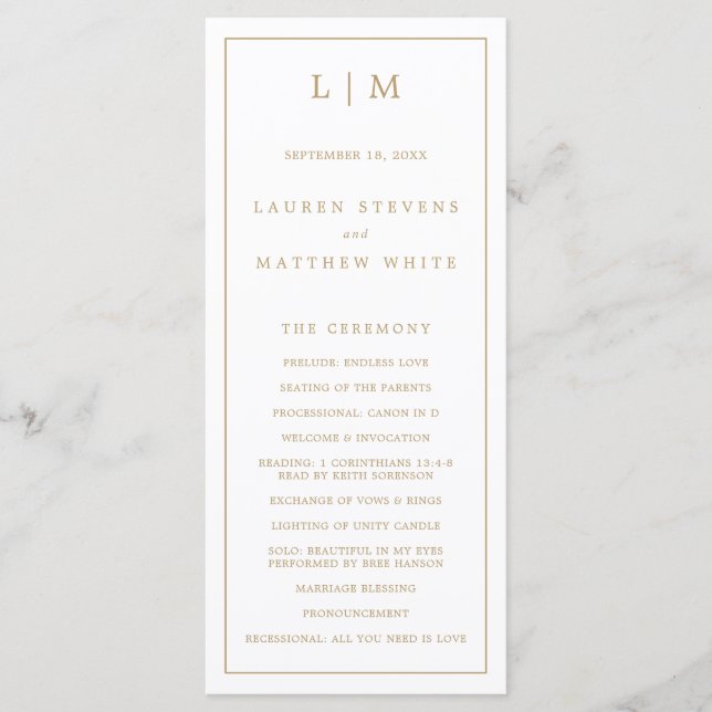 Simple Antique Gold Monogram Elegant Wedding Program (Front)