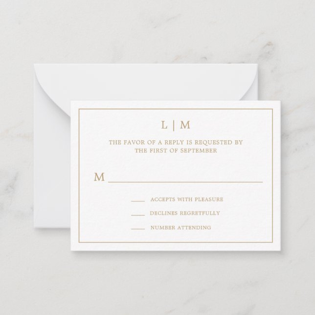 Simple Antique Gold Monogram Mini Wedding RSVP Note Card (Front)